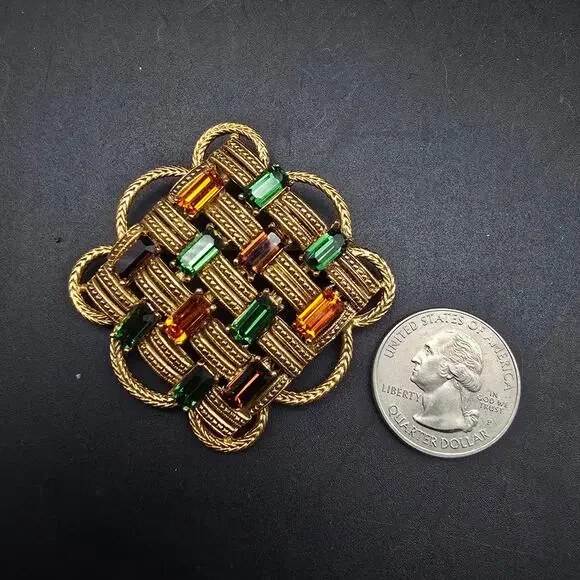 Florenza Fall Color Rhinestone Brooch Basket Weave Gold Tone Vintage Jewelry - Picture 8 of 10